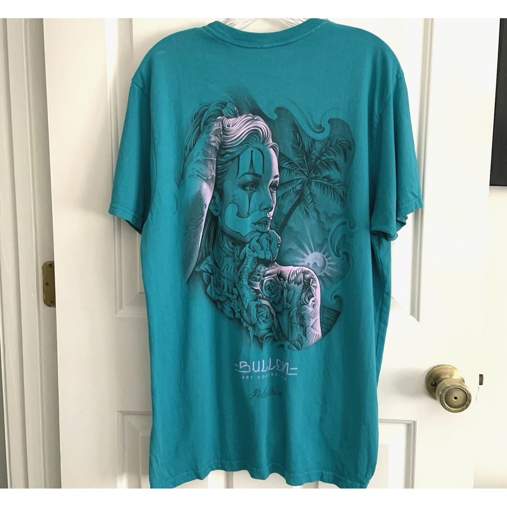 Sullen Art Collective size Large T Shirt Teal Blue Tropical Tattoo Woman